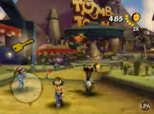 A screenshot of Crash Bandicoot running through an amusement park in Crash Tag Team Racing.